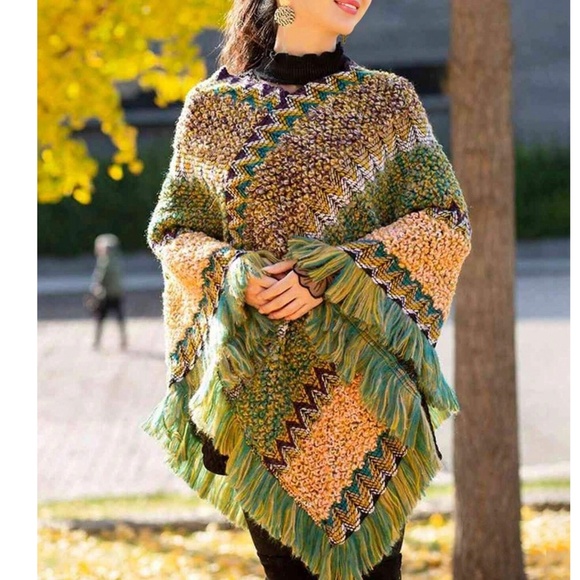 Cozy Multicolor V neck Fringe Hem Poncho Sweater Top - Picture 1 of 3